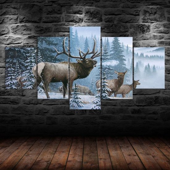 Elk Bull Cow And Calf Family In Winter Snow Forest 5 Piece Five Panel Wall Canvas Print Modern Poster Wall Art Decor 1