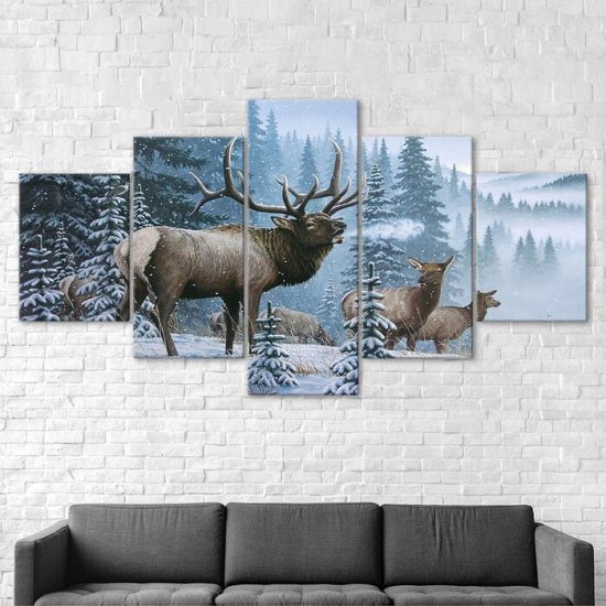 Elk Bull Cow And Calf Family In Winter Snow Forest 5 Piece Five Panel Wall Canvas Print Modern Poster Wall Art Decor 2
