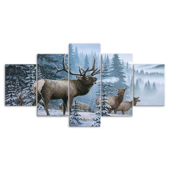 Elk Bull Cow And Calf Family In Winter Snow Forest 5 Piece Five Panel Wall Canvas Print Modern Poster Wall Art Decor 3