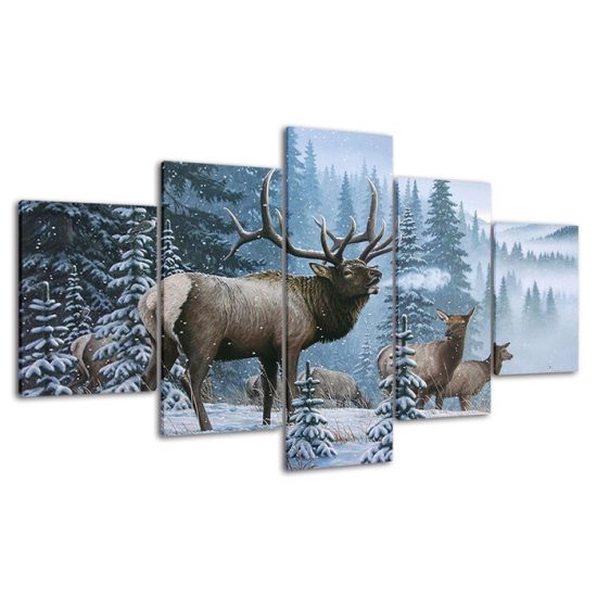 Elk Bull Cow And Calf Family In Winter Snow Forest 5 Piece Five Panel Wall Canvas Print Modern Poster Wall Art Decor 4