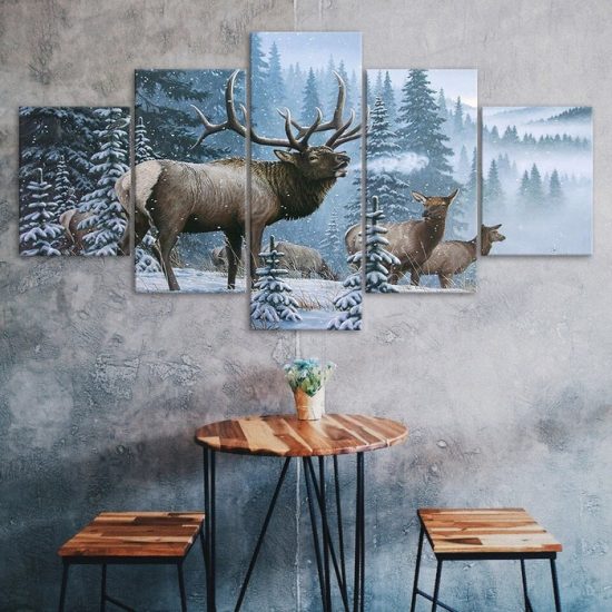 Elk Bull Cow And Calf Family In Winter Snow Forest 5 Piece Five Panel Wall Canvas Print Modern Poster Wall Art Decor