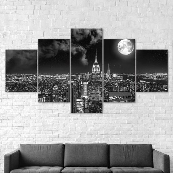 Empire State Building New York Night Full Moon 5 Piece Five Panel Wall Canvas Print Modern Poster Wall Art Decor 2