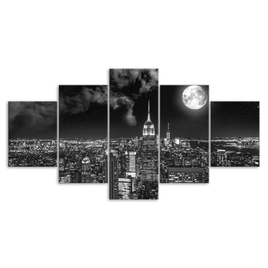 Empire State Building New York Night Full Moon 5 Piece Five Panel Wall Canvas Print Modern Poster Wall Art Decor 3