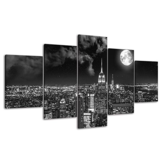 Empire State Building New York Night Full Moon 5 Piece Five Panel Wall Canvas Print Modern Poster Wall Art Decor 4