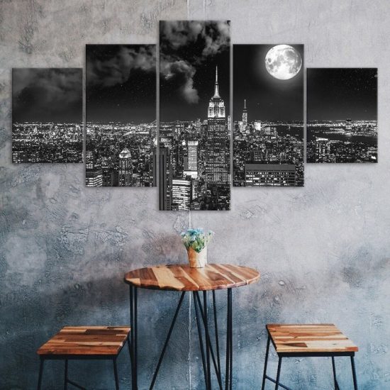 Empire State Building New York Night Full Moon 5 Piece Five Panel Wall Canvas Print Modern Poster Wall Art Decor