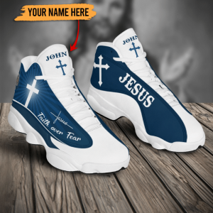 Faith Over Fear Blue Jesus Custom Name Air Jordan 13 Shoes