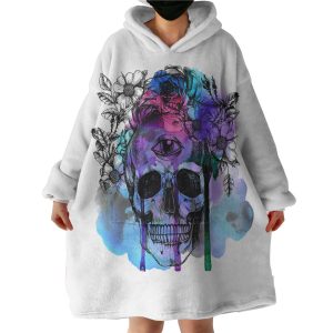 Floral Skull Black Sketch Blue & Pink Watercolor Hoodie Wearable Blanket WB0669