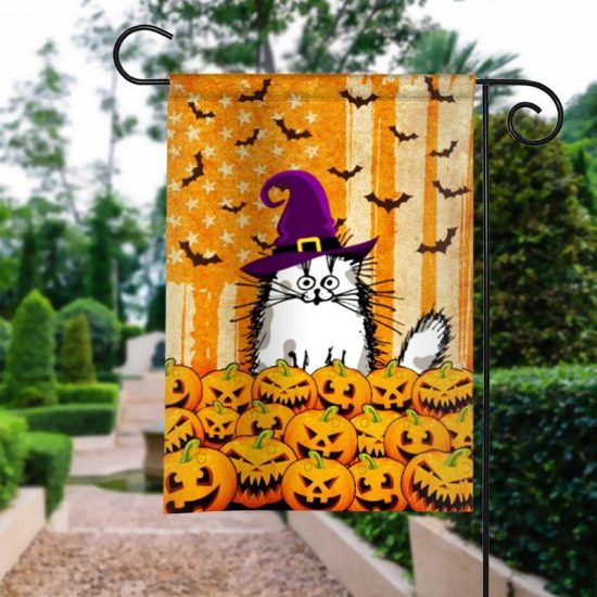 Fluffy Cat With Purple Hat Pumpkin Halloween Personalized Garden Flag House Flag Double Sided Home Design Outdoor Porch