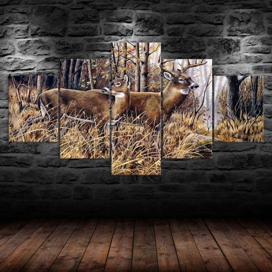 Forest Animals Deers Painting 5 Piece Five Panel Wall Canvas Print Modern Art Poster Wall Art Decor 1