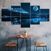 Full Moon Blue Night Mountain Lake Landscape Scene 5 Piece Five Panel Canvas Print Modern Poster Wall Art Decor