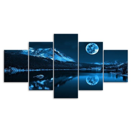 Full Moon Blue Night Mountain Lake Landscape Scene 5 Piece Five Panel Canvas Print Modern Poster Wall Art Decor 3