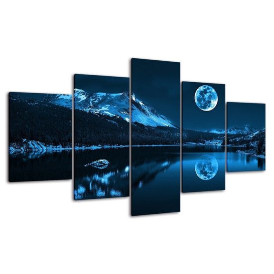 Full Moon Blue Night Mountain Lake Landscape Scene 5 Piece Five Panel Canvas Print Modern Poster Wall Art Decor 4