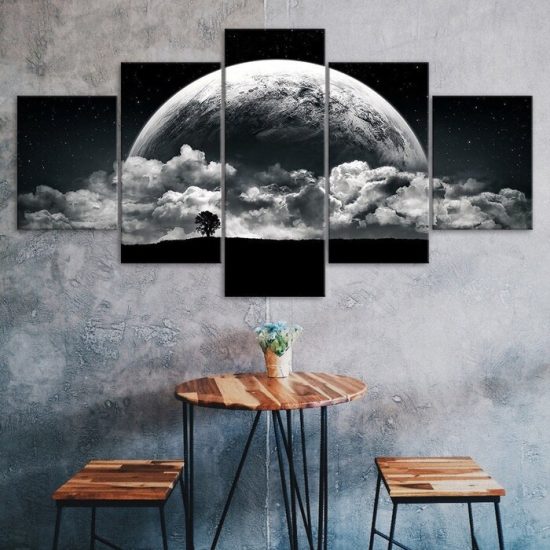 Full Moon Mystic Nighttime Clouds Tree Scenery 5 Piece Five Panel Wall Canvas Print Modern Poster Wall Art Decor