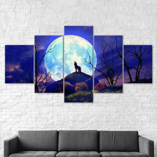 Full Moon Night Forest Animal Wolf 5 Piece Five Panel Wall Canvas Print Modern Poster Pictures Home Decor 2