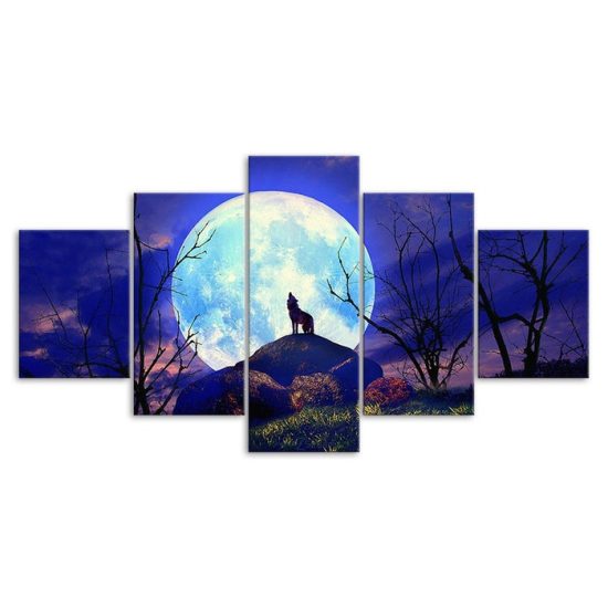 Full Moon Night Forest Animal Wolf 5 Piece Five Panel Wall Canvas Print Modern Poster Pictures Home Decor 3