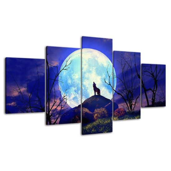 Full Moon Night Forest Animal Wolf 5 Piece Five Panel Wall Canvas Print Modern Poster Pictures Home Decor 4