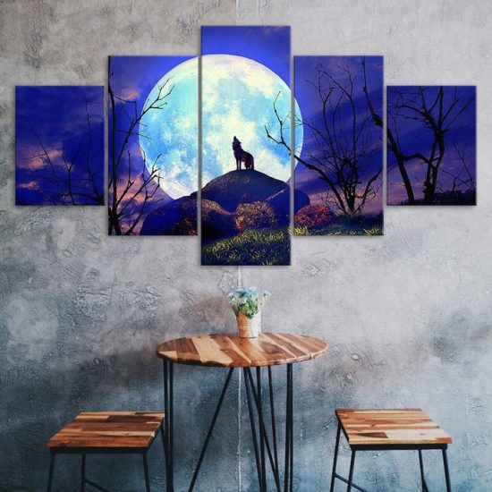 Full Moon Night Forest Animal Wolf 5 Piece Five Panel Wall Canvas Print Modern Poster Pictures Home Decor