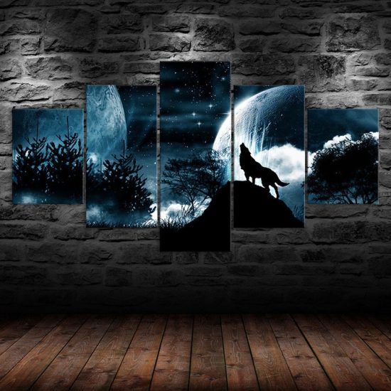 Full Moon Night Starry Sky Wolf Roar 5 Piece Five Panel Wall Canvas Print Modern Poster Wall Art Decor 1