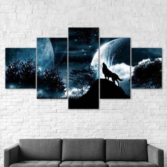 Full Moon Night Starry Sky Wolf Roar 5 Piece Five Panel Wall Canvas Print Modern Poster Wall Art Decor 2