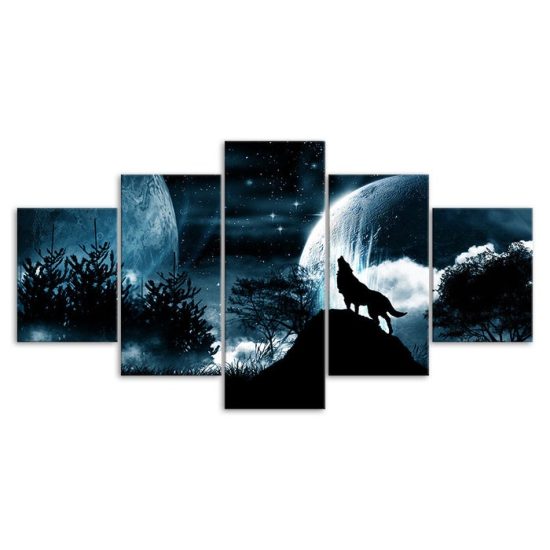 Full Moon Night Starry Sky Wolf Roar 5 Piece Five Panel Wall Canvas Print Modern Poster Wall Art Decor 3