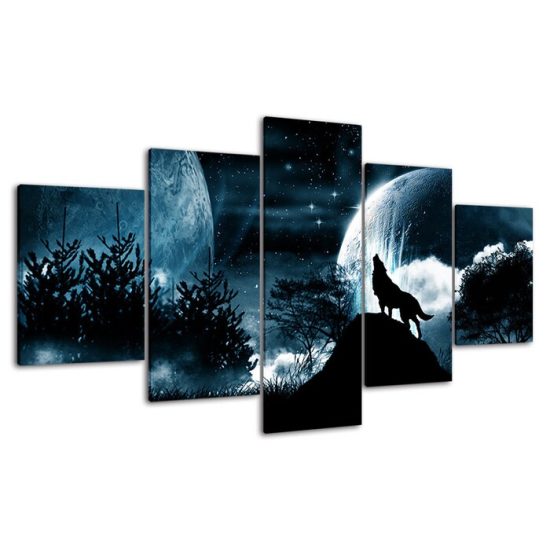 Full Moon Night Starry Sky Wolf Roar 5 Piece Five Panel Wall Canvas Print Modern Poster Wall Art Decor 4