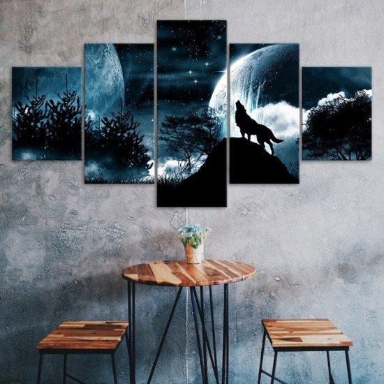 Full Moon Night Starry Sky Wolf Roar 5 Piece Five Panel Wall Canvas Print Modern Poster Wall Art Decor