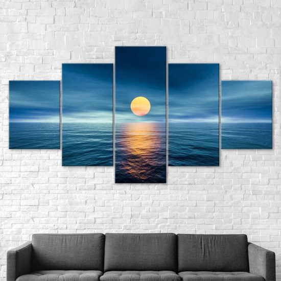 Full Moon Over The Ocean Scene 5 Piece Five Panel Canvas Print Modern Poster Wall Art Decor 2