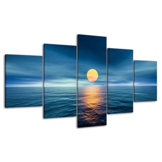 Full Moon Over The Ocean Scene 5 Piece Five Panel Canvas Print Modern Poster Wall Art Decor 4