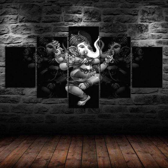 Ganesha Hindu Elephant God Black Scenery 5 Piece Five Panel Wall Canvas Print Modern Art Poster Wall Art Decor 1