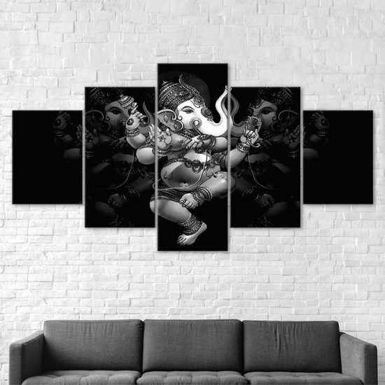 Ganesha Hindu Elephant God Black Scenery 5 Piece Five Panel Wall Canvas Print Modern Art Poster Wall Art Decor 2