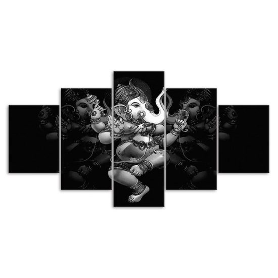 Ganesha Hindu Elephant God Black Scenery 5 Piece Five Panel Wall Canvas Print Modern Art Poster Wall Art Decor 3