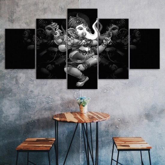 Ganesha Hindu Elephant God Black Scenery 5 Piece Five Panel Wall Canvas Print Modern Art Poster Wall Art Decor