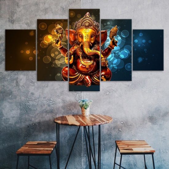 Ganesha Hindu God Elephant Trunk 5 Piece Five Panel Wall Canvas Print Modern Art Poster Wall Art Decor