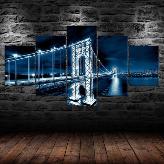 George Washington Bridge Illuminated Light Trails 5 Piece Five Panel Wall Canvas Print Modern Poster Wall Art Decor 1