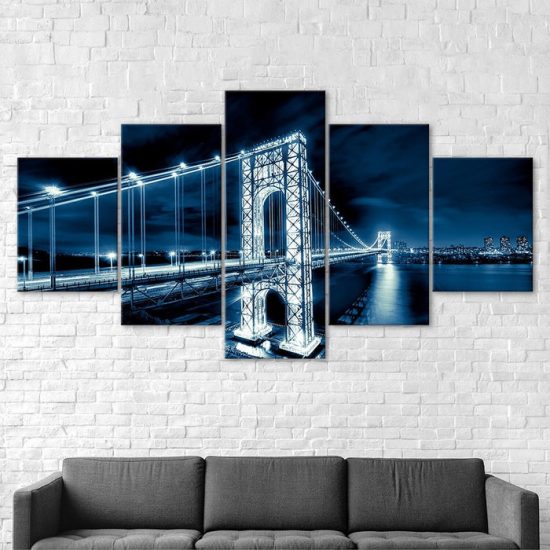 George Washington Bridge Illuminated Light Trails 5 Piece Five Panel Wall Canvas Print Modern Poster Wall Art Decor 2