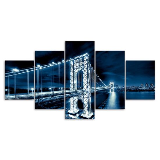 George Washington Bridge Illuminated Light Trails 5 Piece Five Panel Wall Canvas Print Modern Poster Wall Art Decor 3