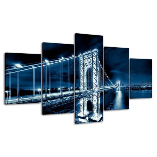 George Washington Bridge Illuminated Light Trails 5 Piece Five Panel Wall Canvas Print Modern Poster Wall Art Decor 4