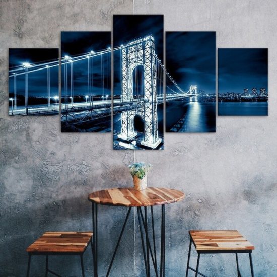 George Washington Bridge Illuminated Light Trails 5 Piece Five Panel Wall Canvas Print Modern Poster Wall Art Decor