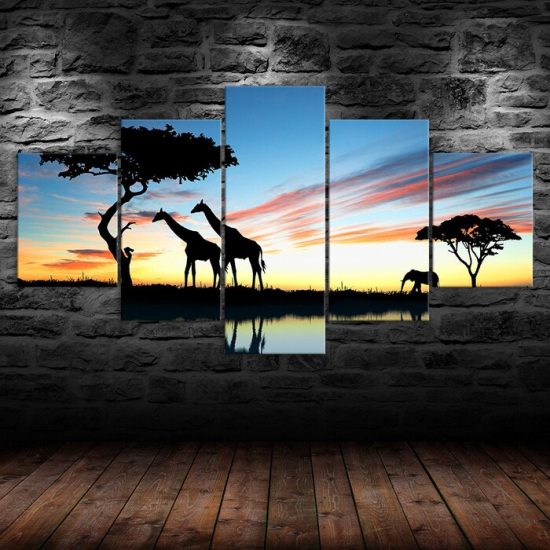 Giraffe Animals Silhouette African Safari Sunset Scene 5 Piece Five Panel Wall Canvas Print Modern Poster Wall Art Decor 1