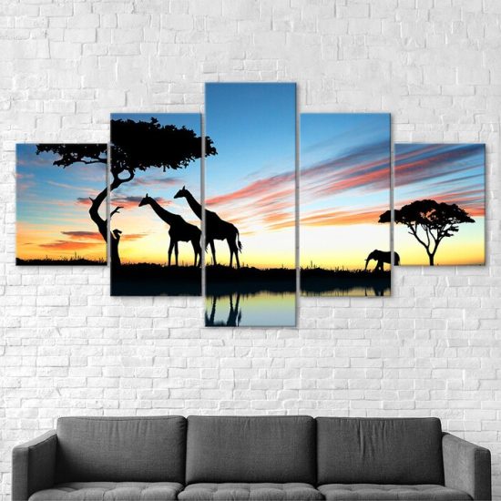 Giraffe Animals Silhouette African Safari Sunset Scene 5 Piece Five Panel Wall Canvas Print Modern Poster Wall Art Decor 2