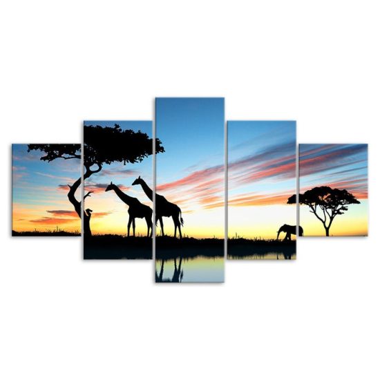 Giraffe Animals Silhouette African Safari Sunset Scene 5 Piece Five Panel Wall Canvas Print Modern Poster Wall Art Decor 3