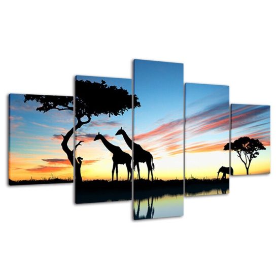 Giraffe Animals Silhouette African Safari Sunset Scene 5 Piece Five Panel Wall Canvas Print Modern Poster Wall Art Decor 4
