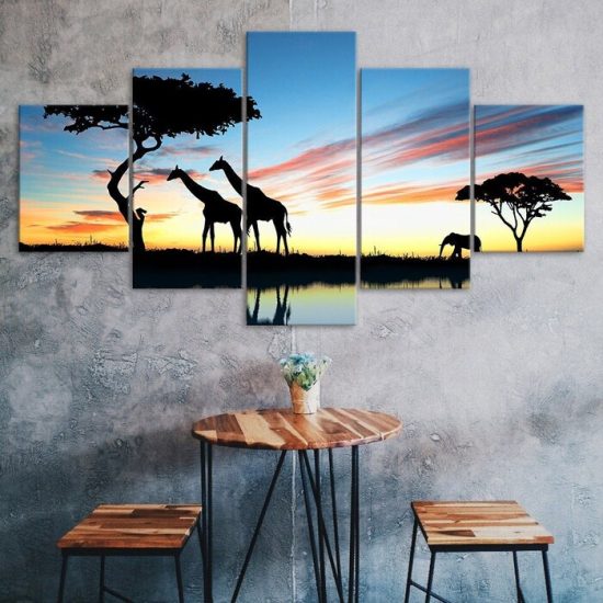 Giraffe Animals Silhouette African Safari Sunset Scene 5 Piece Five Panel Wall Canvas Print Modern Poster Wall Art Decor