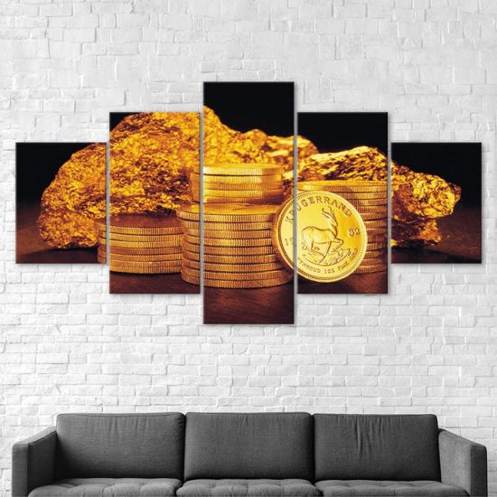 Gold Coins Money Scene Canvas 5 Piece Five Panel Wall Print Modern Art Poster Wall Art Decor 2