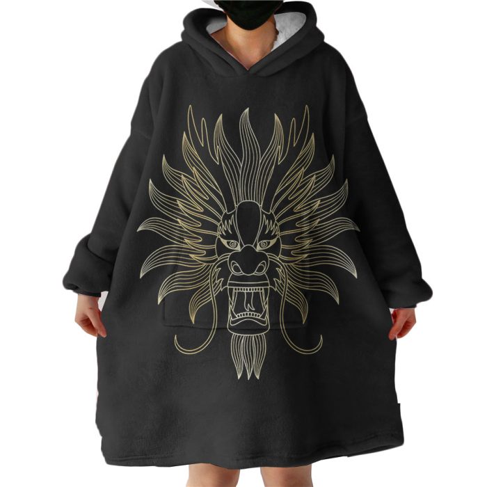 Golden Asian Dragon Head Black Theme Hoodie Wearable Blanket WB0336