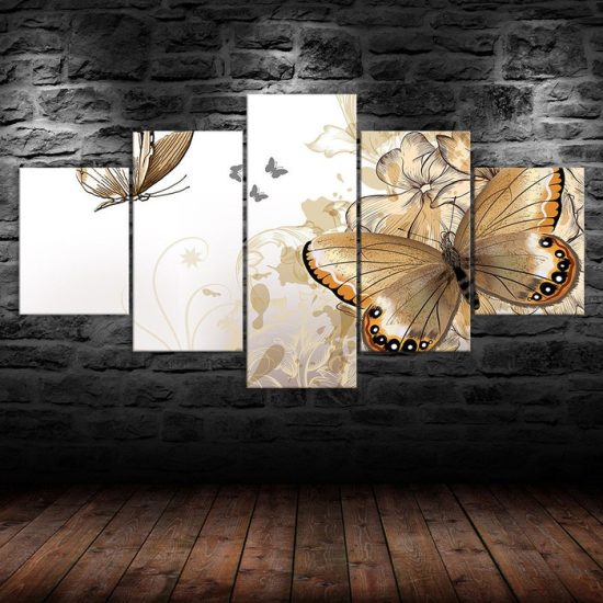 Golden Butterfly Art 5 Piece Five Panel Wall Canvas Print Modern Poster Pictures Home Decor 1