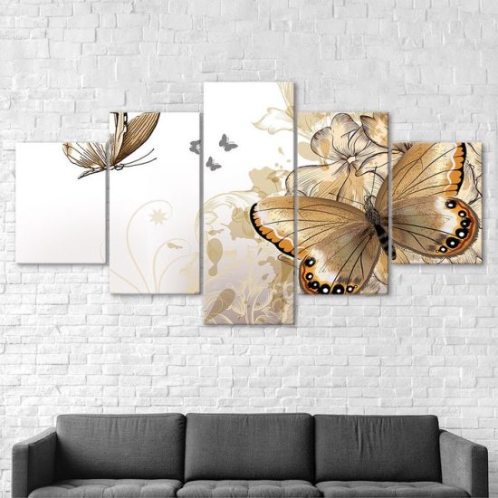 Golden Butterfly Art 5 Piece Five Panel Wall Canvas Print Modern Poster Pictures Home Decor 2