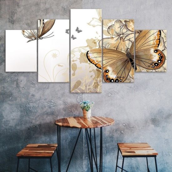 Golden Butterfly Art 5 Piece Five Panel Wall Canvas Print Modern Poster Pictures Home Decor