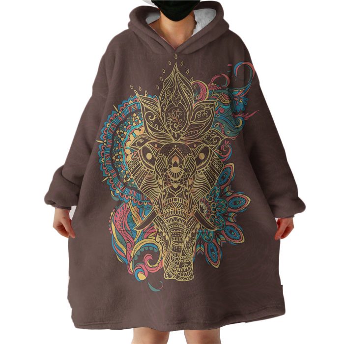 Golden Elephant Buddha Mandala Brown Theme Hoodie Wearable Blanket WB0677