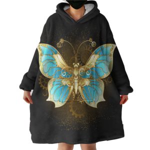 Golden Satin Blue Butterfly Hoodie Wearable Blanket WB0507